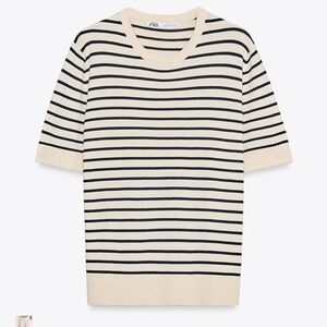 Zara Black and Cream Striped Knit Top